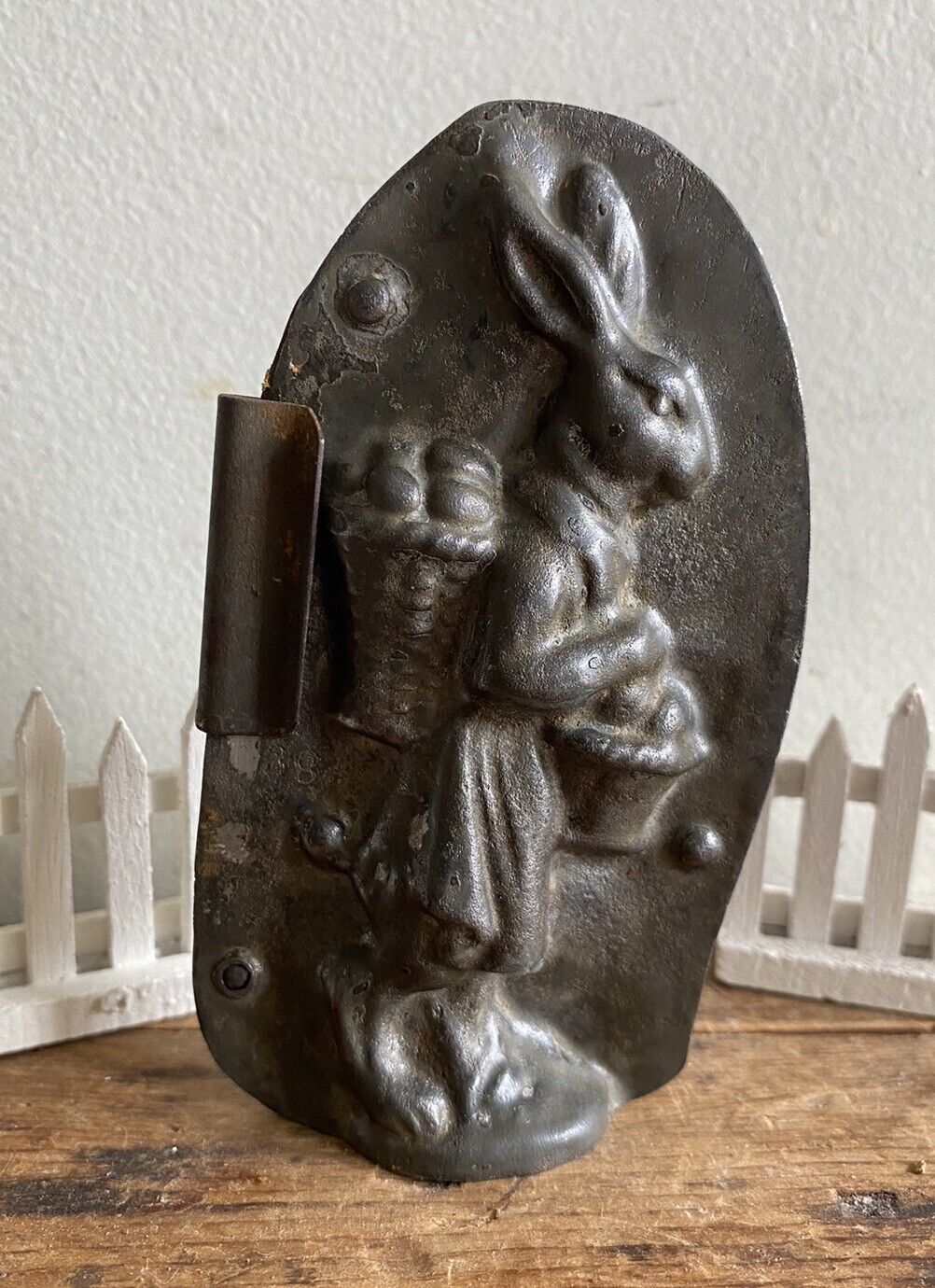 Early Dressed Bunny Rabbit carrying egg Baskets • Antique Chocolate Mold