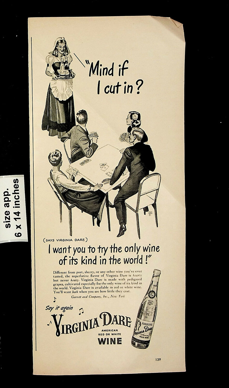 1946 Garrett\'s Virginia Dare Red White Wine Card Game Vintage Print Ad 23354
