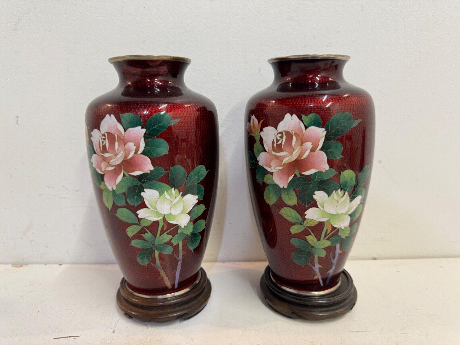 Vintage Japanese Silver Mounted Red Cloisonne Pair of Vases w/ Flower Decoration
