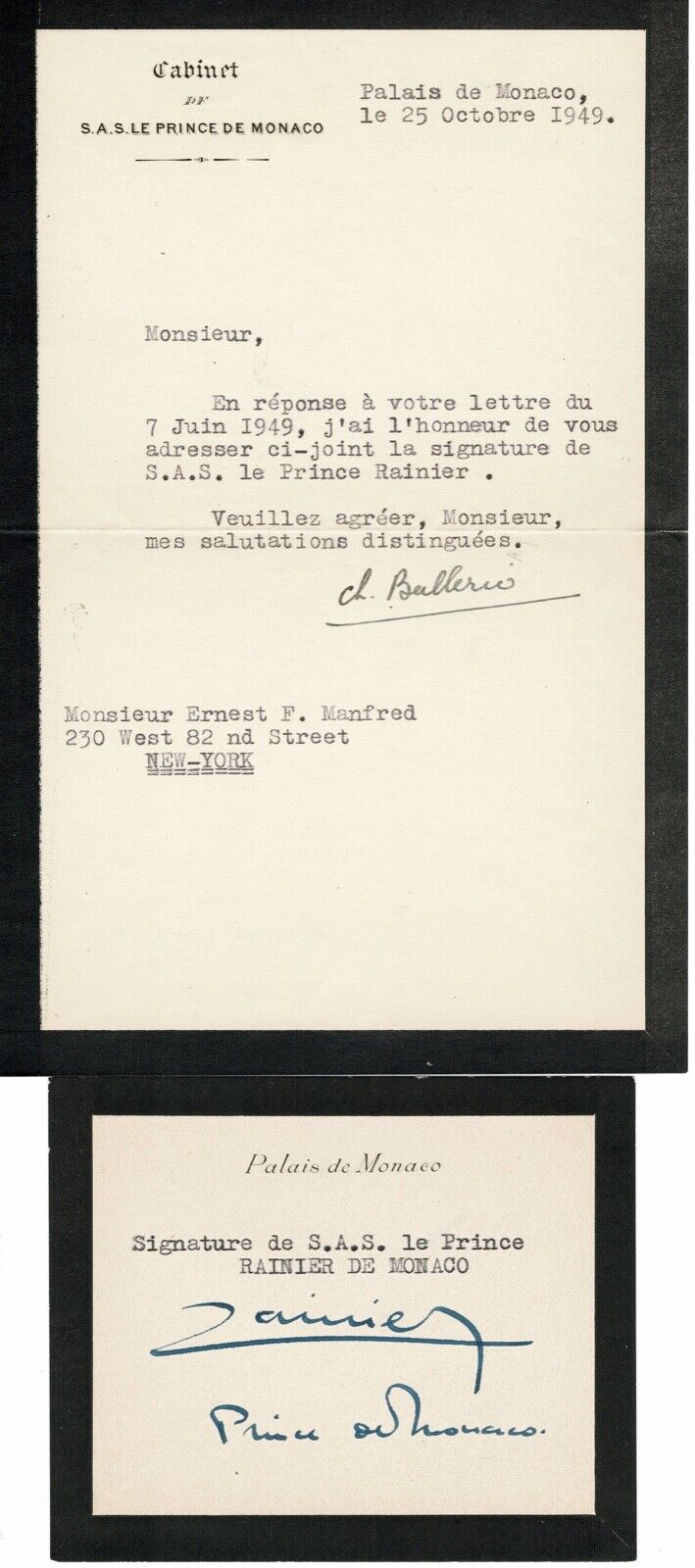 RAINIER III HUSBAND OF PRINCESS GRACE OF MONACO - SIGNED CARD 1949