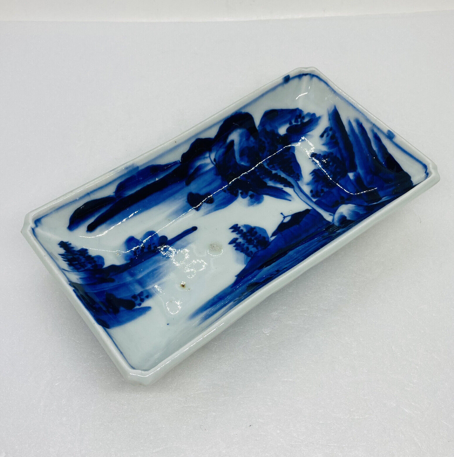 Vintage Japanese Scenic Trinket Dish Tray Blue White Painted Nature Art Decor X1