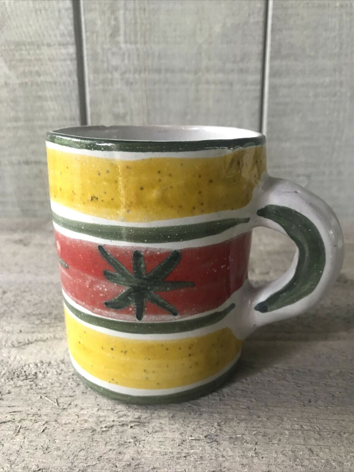 Desimone Pottery Hand Painted Mug Cup Yellow Red Stripes Italy Signed 25