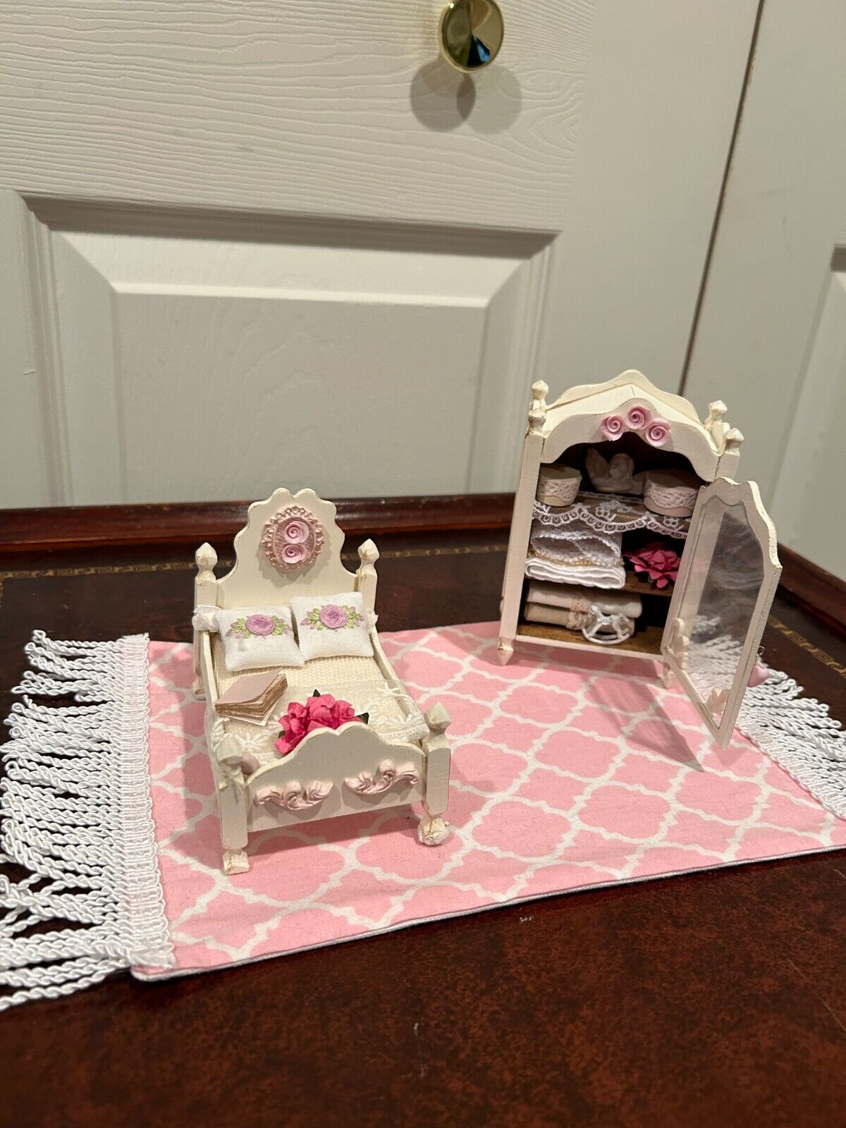 Miniature doll house hand made child bed with armoir & carpet