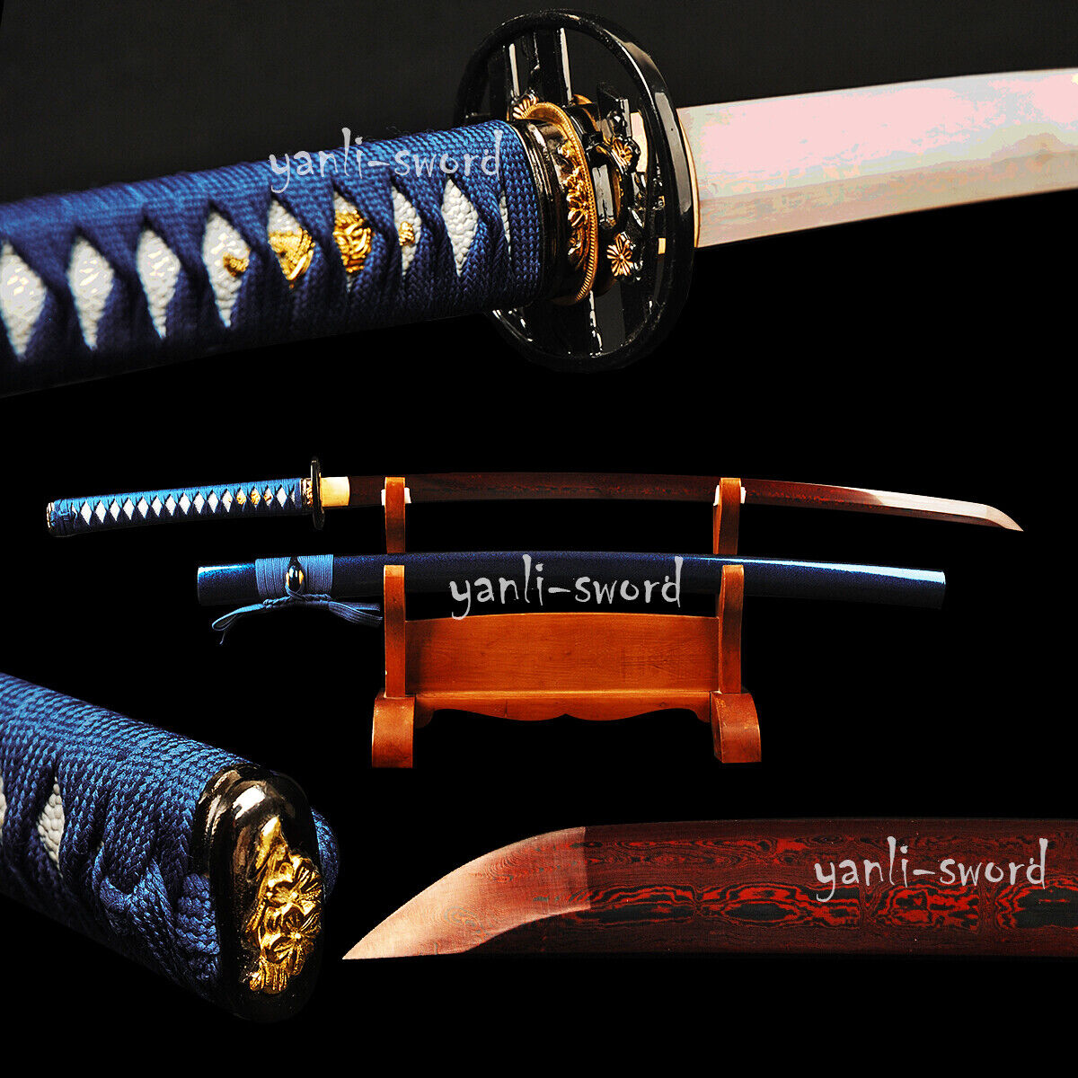 Handmade Sharp Elegant Blue Sword Folded Steel Red Blade Japanese Samurai Katana