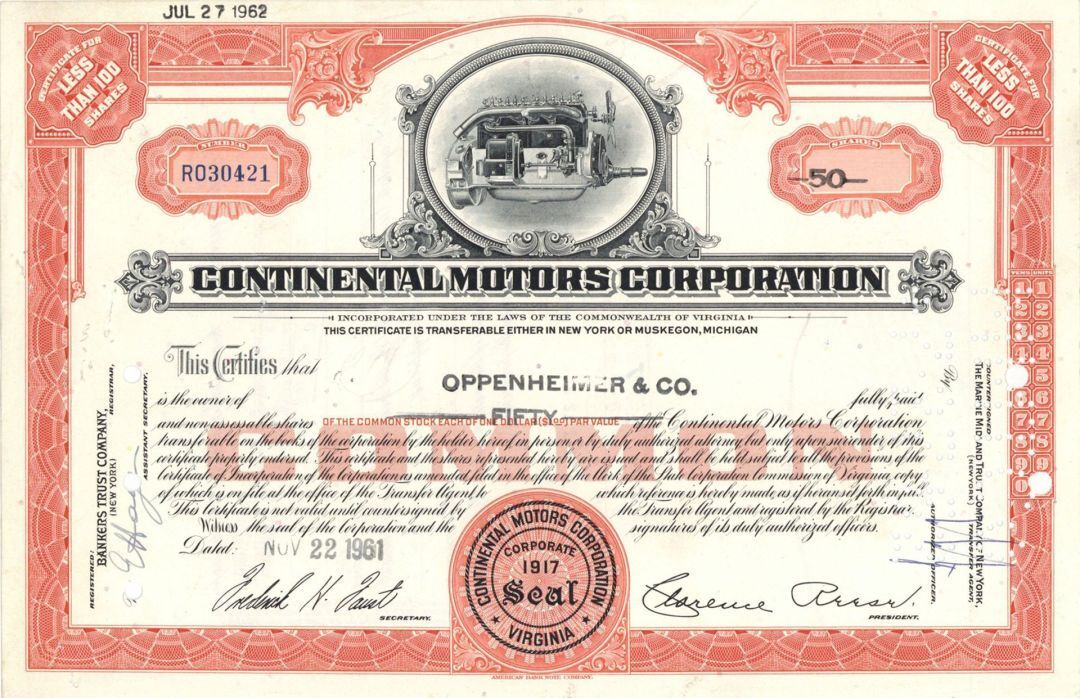 Continental Motors Corp. - Stock Certificate - Automotive Stocks