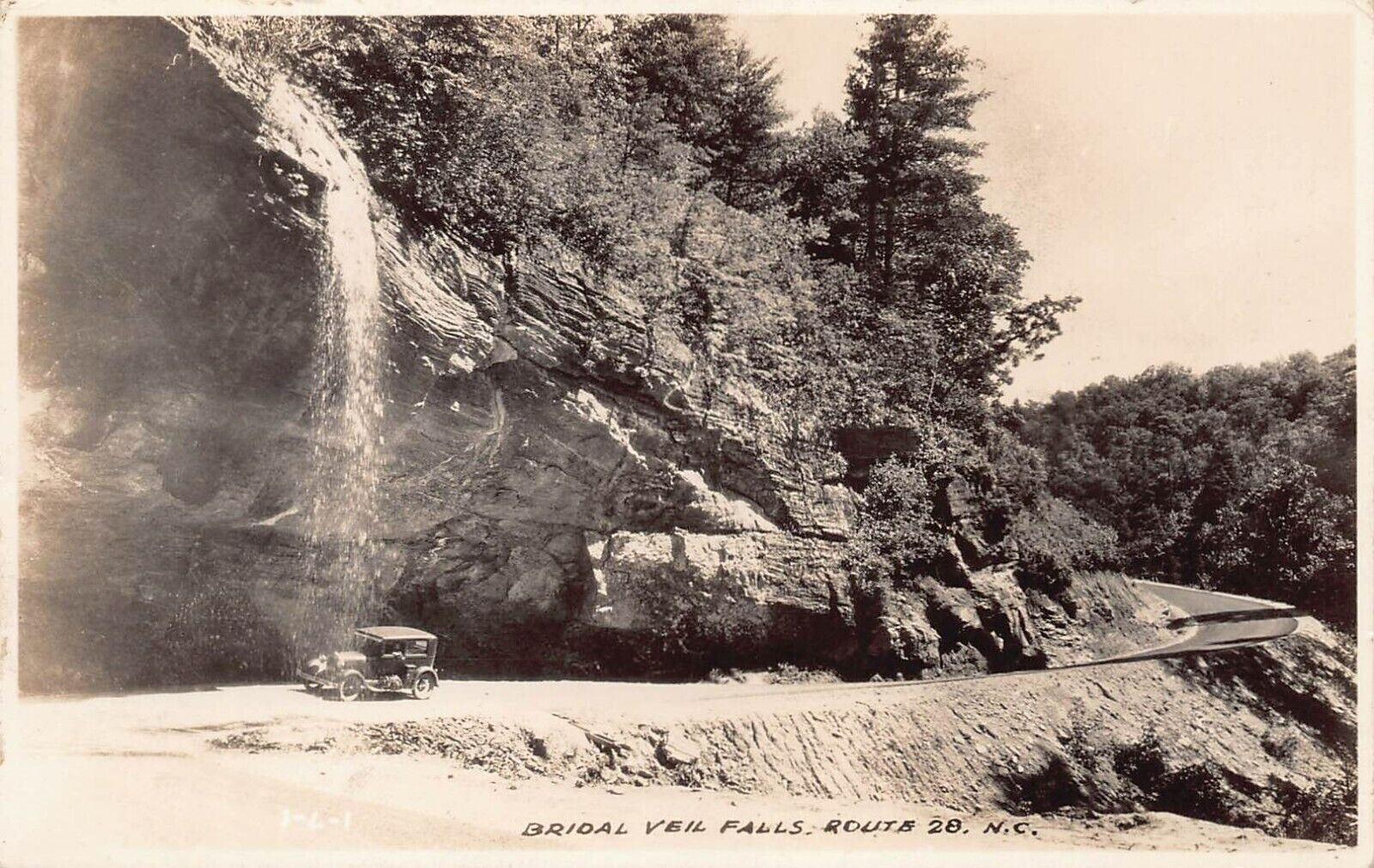 RPPC Bridal Veil Falls Route 28 NC North Carolina Automobile Photo Postcard L8