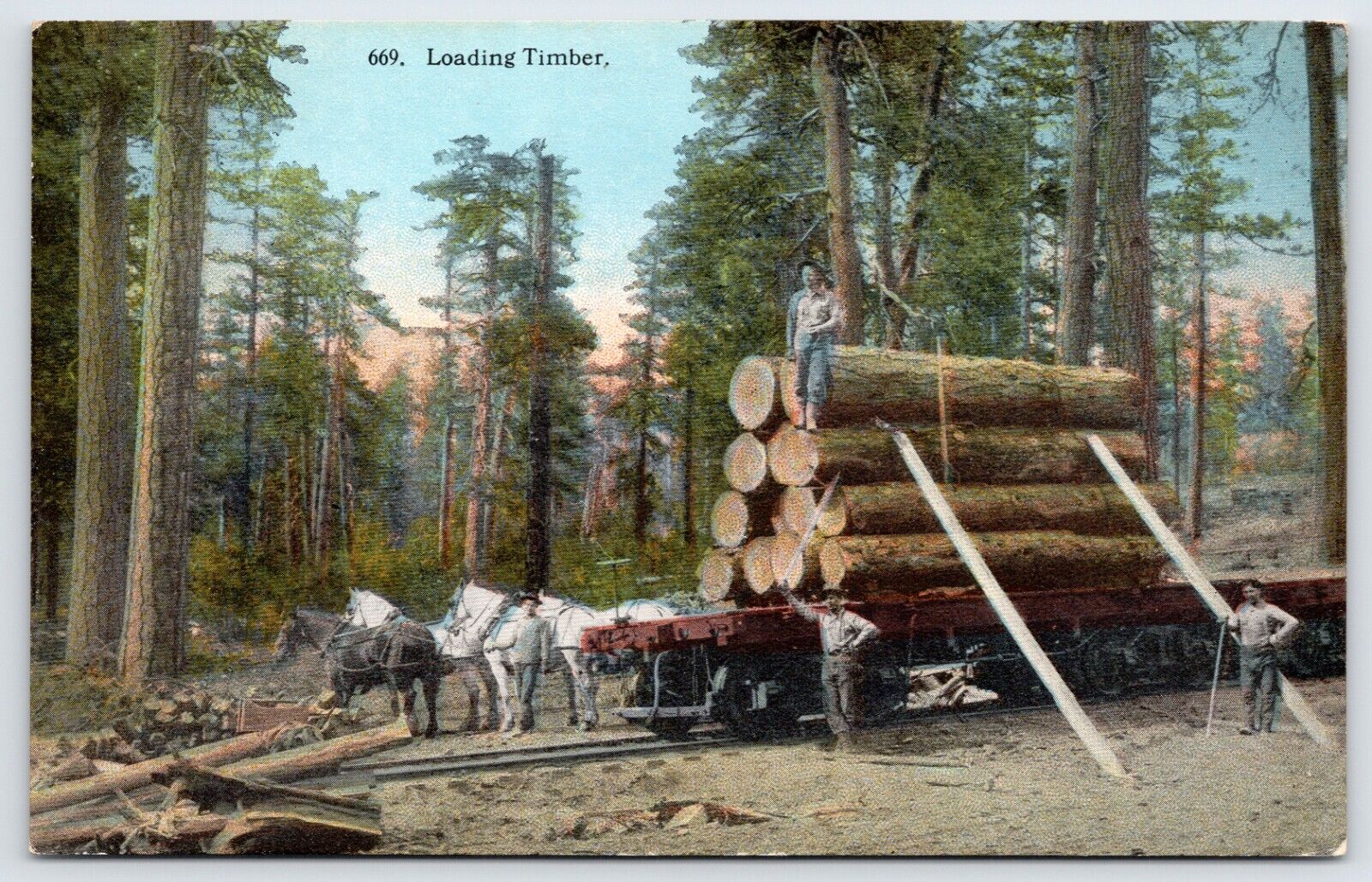 Postcard Loading Timber Lumber Scene Railroad Horses Workers Unposted
