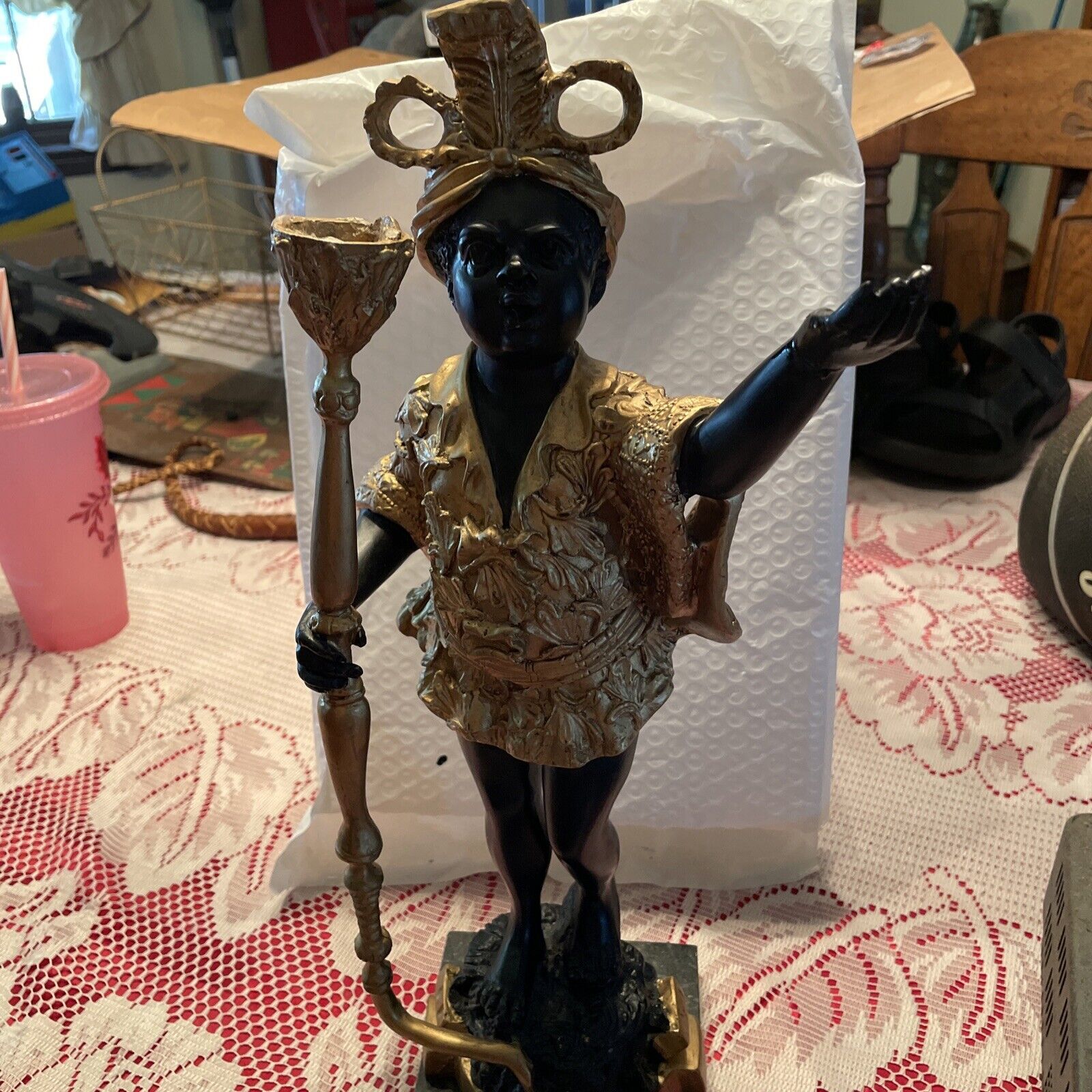 Antique Blackmoor Candlestick Venetian Resin Statue Hand Has Been Repaired
