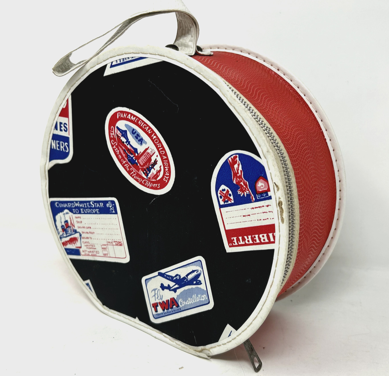 vintage 1960's Airlines Round Travel case bag Retro TWA PanAmerican Liberte red