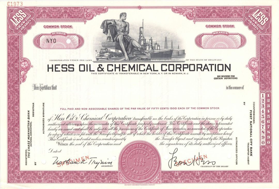 Hess Oil and Chemical Corp. - Specimen Stock Certificate - Specimen Stocks & Bon