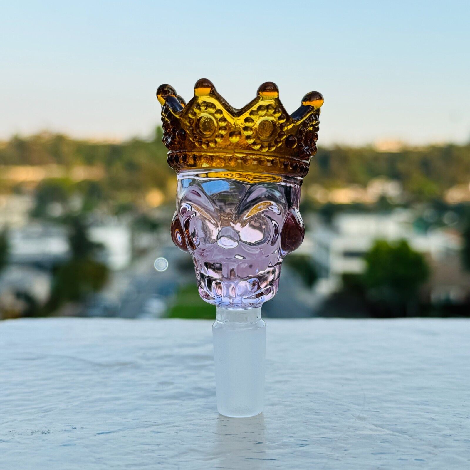 Premium 14mm Thick Glass Pink King Skull  in Crown Bowl Head for Bong Repalcment