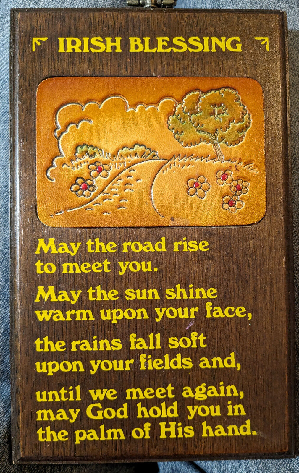 Vintage 1978 Wallace Berrie Wood IRISH BLESSING Wall Hanging Plaque LEATHER RARE