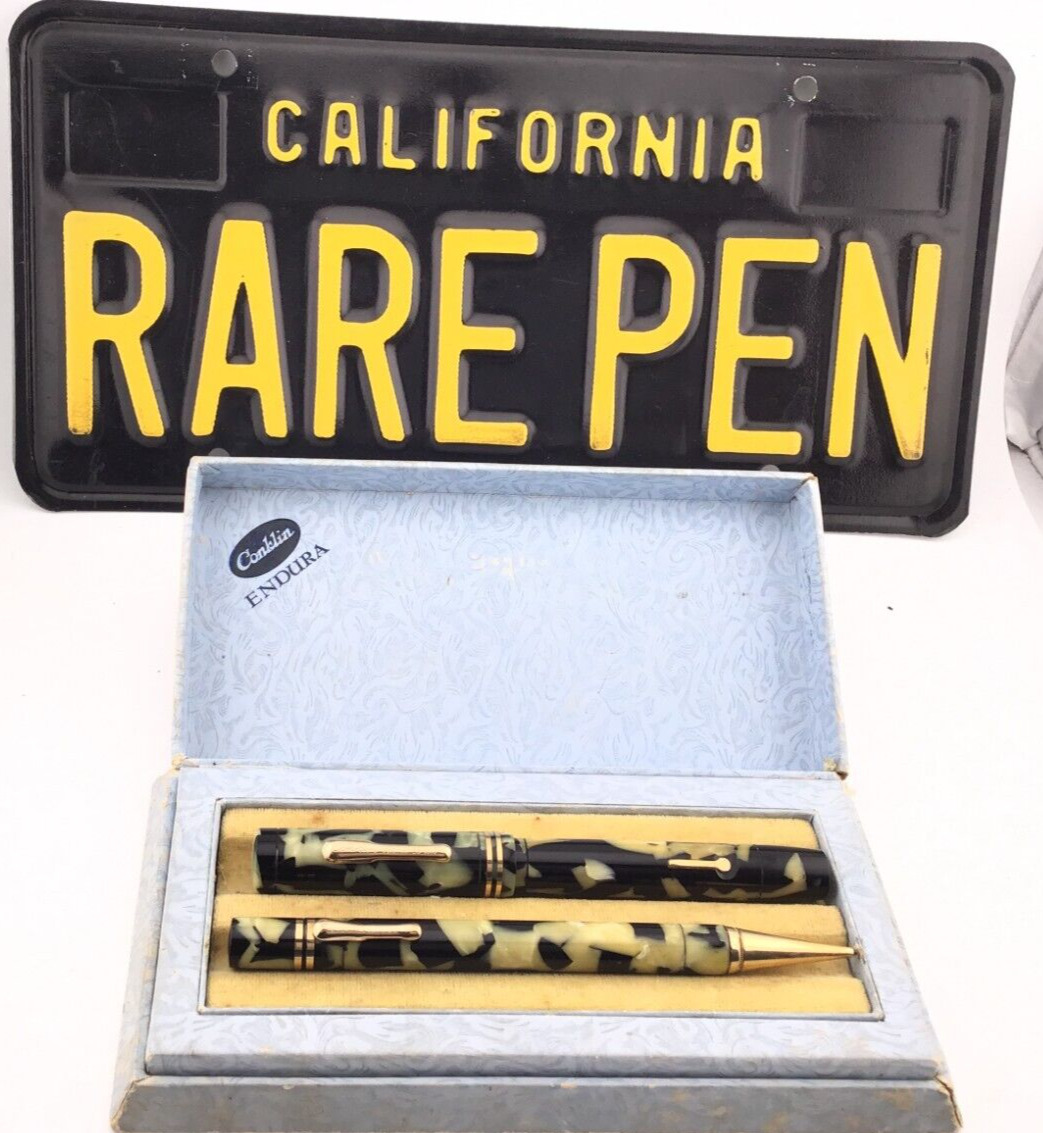 RARE CONKLIN ENDURA OS Fountain Pen & Pencil Black Pearl Celluloid 14K M nib Box