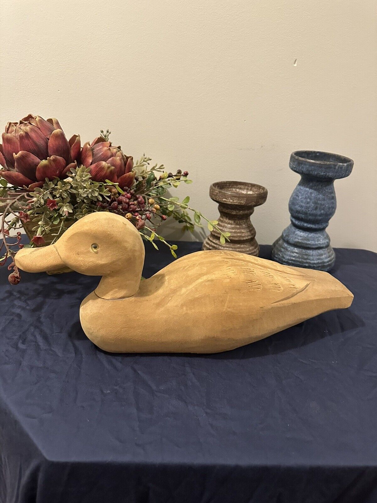 Vintage Hand Carved Duck Decoy Natural Wood w Glass Eyes