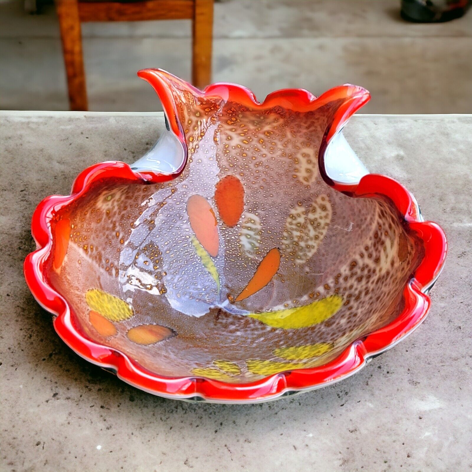 Alfredo Barbini Venetian Glass Mid-Century Orange Gold Art Glass Bowl READ