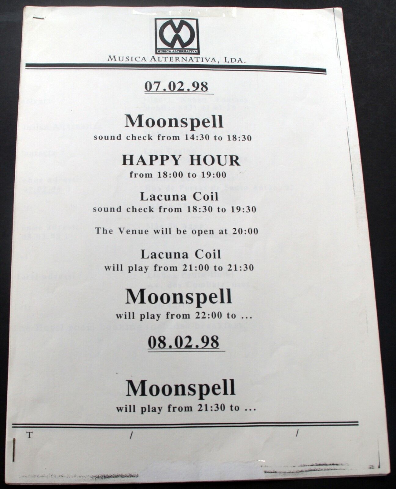 Moonspell Itinerary Original Vintage Lacuna Coil Tour Lisbon 1998