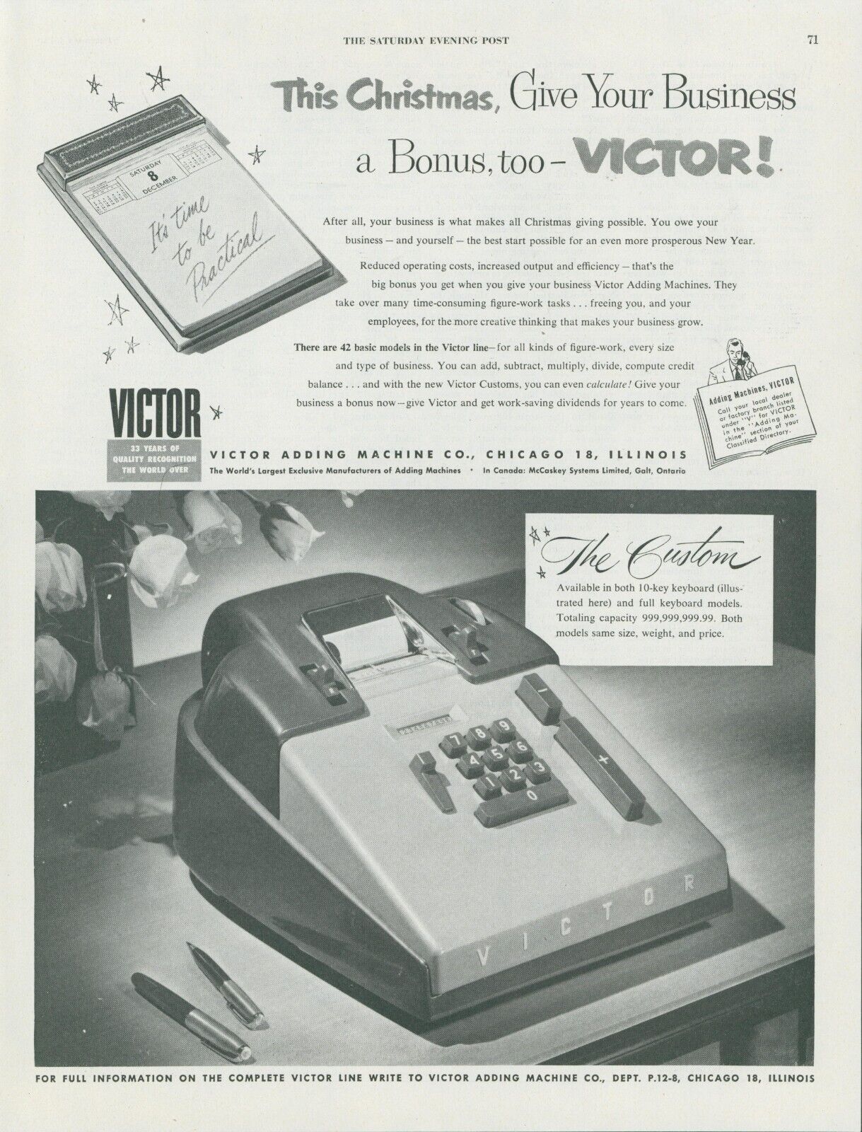 1951 Victor Adding Machine Christmas Bonus For Business Vintage Print Ad SP5