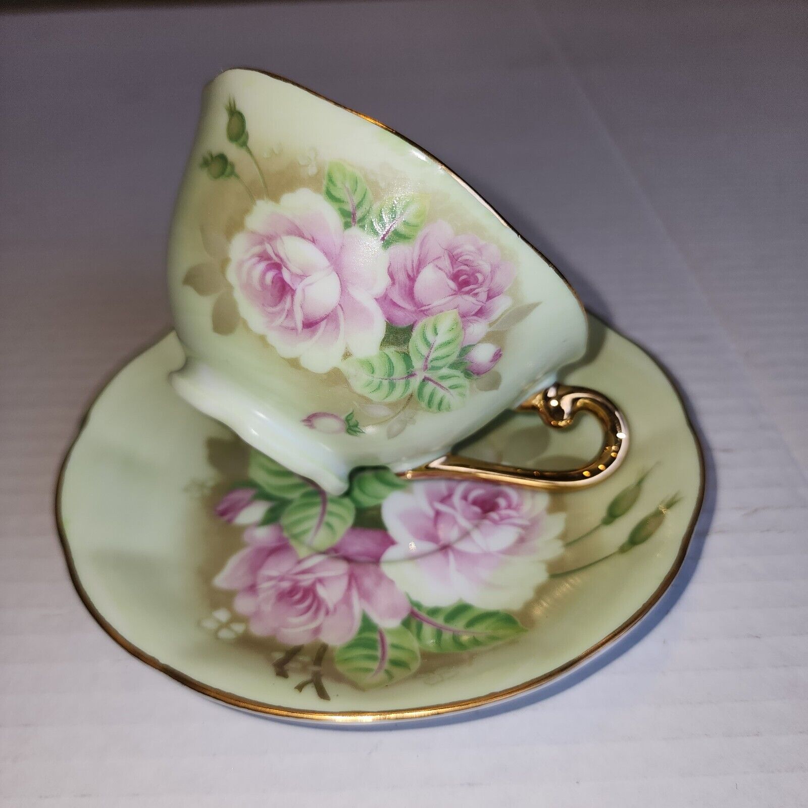 Lefton China Hand Painted Green & Pink Rose Teacup & Saucer Set, Vintage