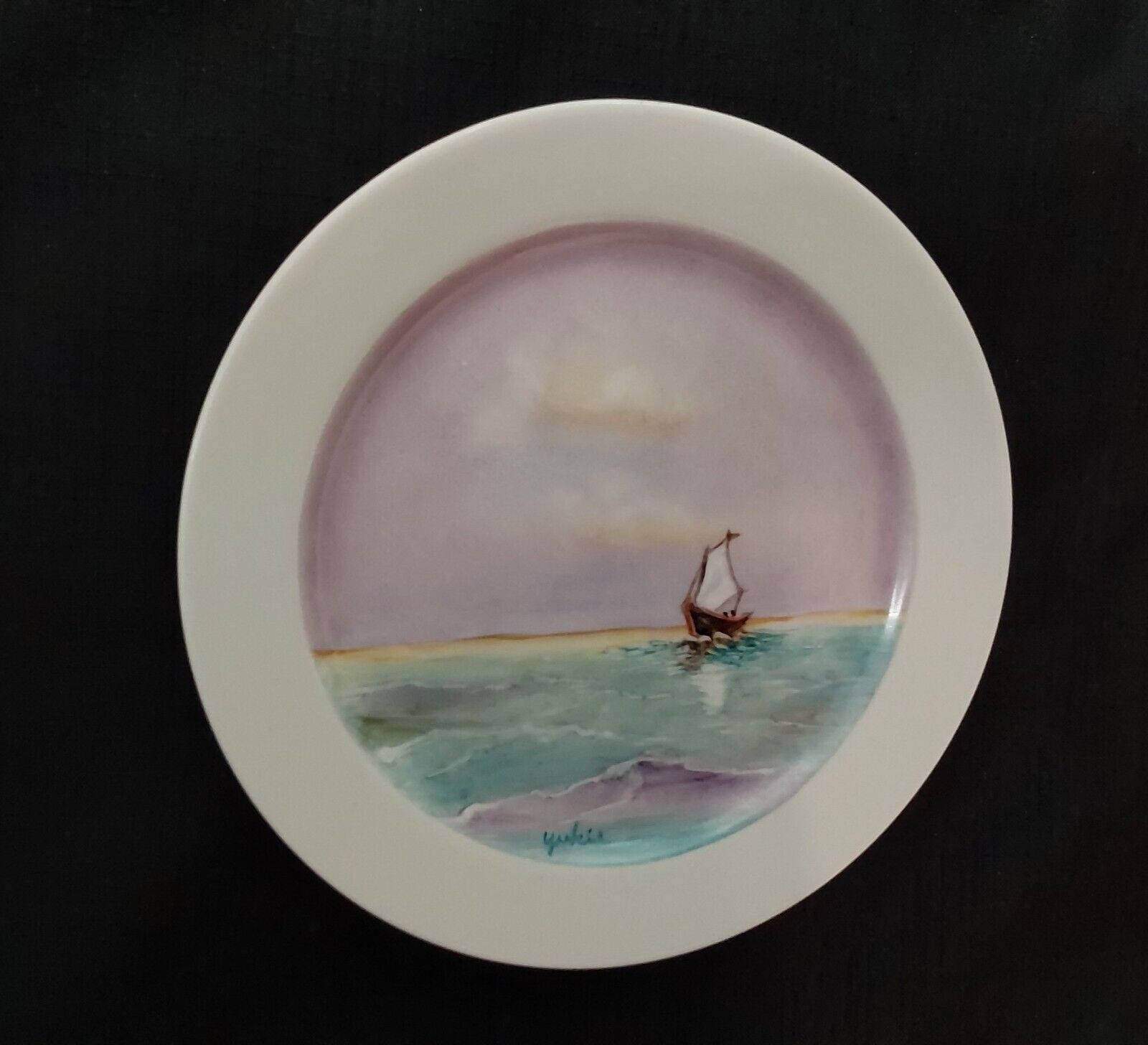 YUKIE - Antique English Porcelain Boats River Plate Hand Painted & Signed C.1890