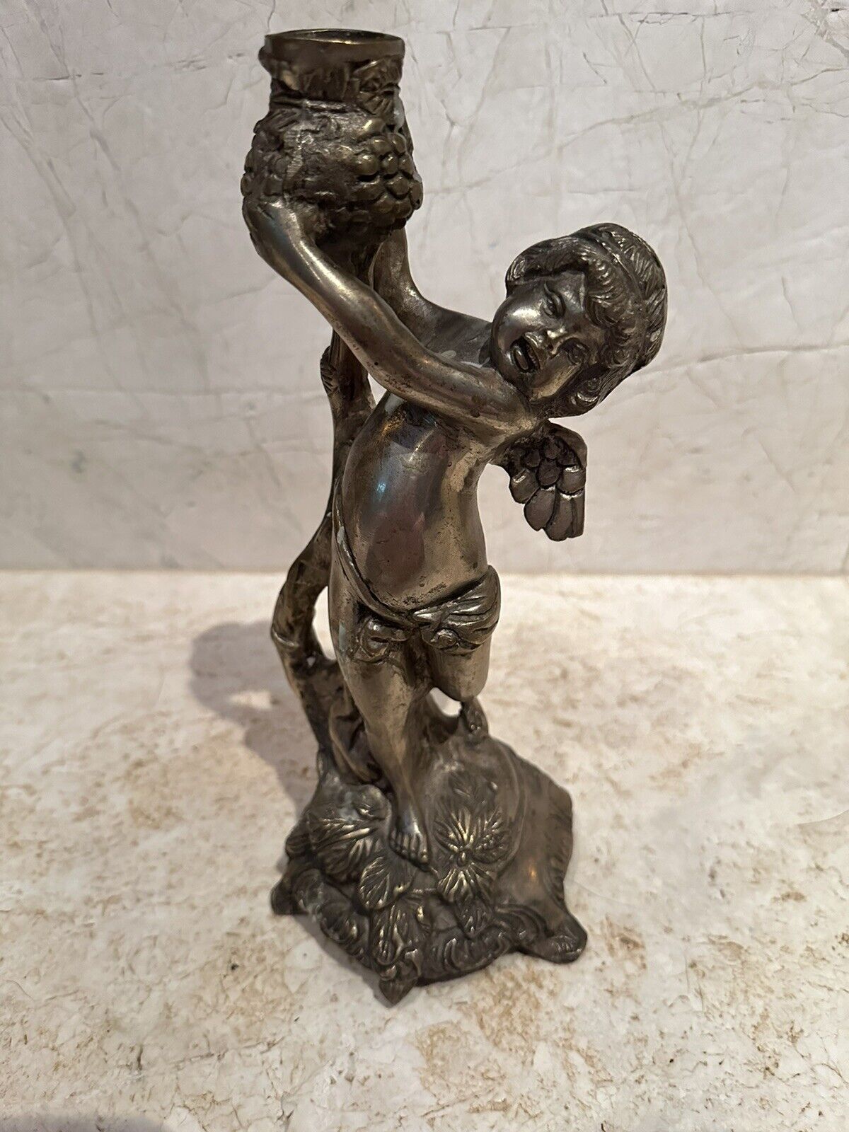 Antique French Bronze Cherub Figural Candleholder 11x5 Putti