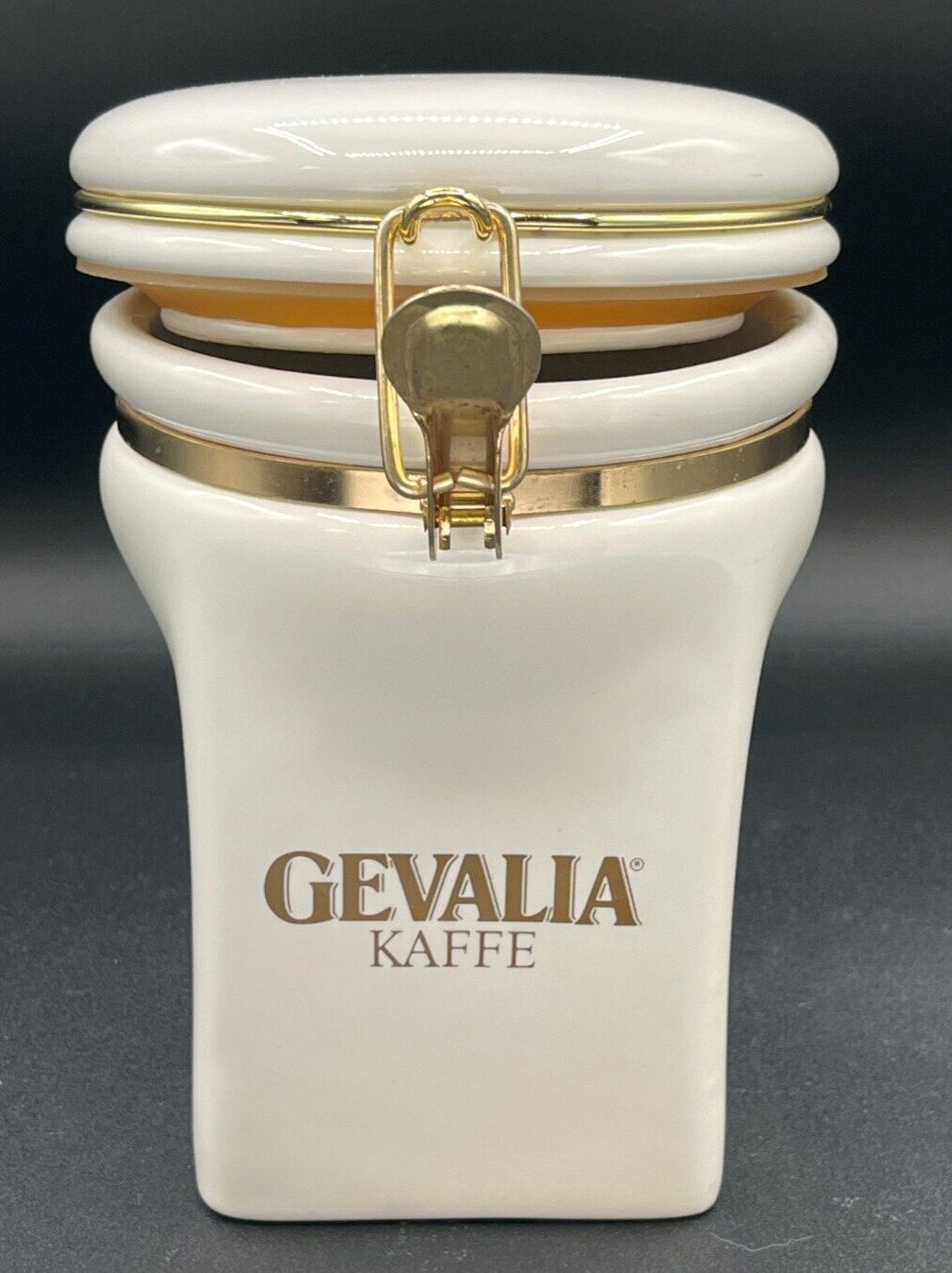 Gevalia Kaffe Coffee Storage Canister White Ceramic Air Tite Lock Nice Gold Logo