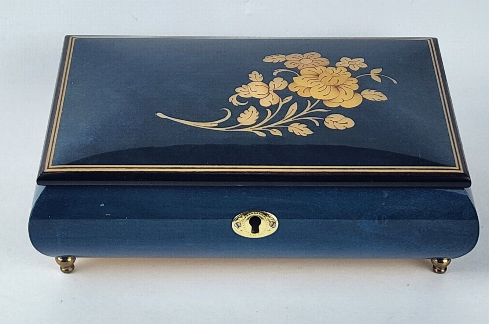 Italian Inlaid Musical Jewelry Box Hand Crafted Teal Blue & Floral, Lara's Theme