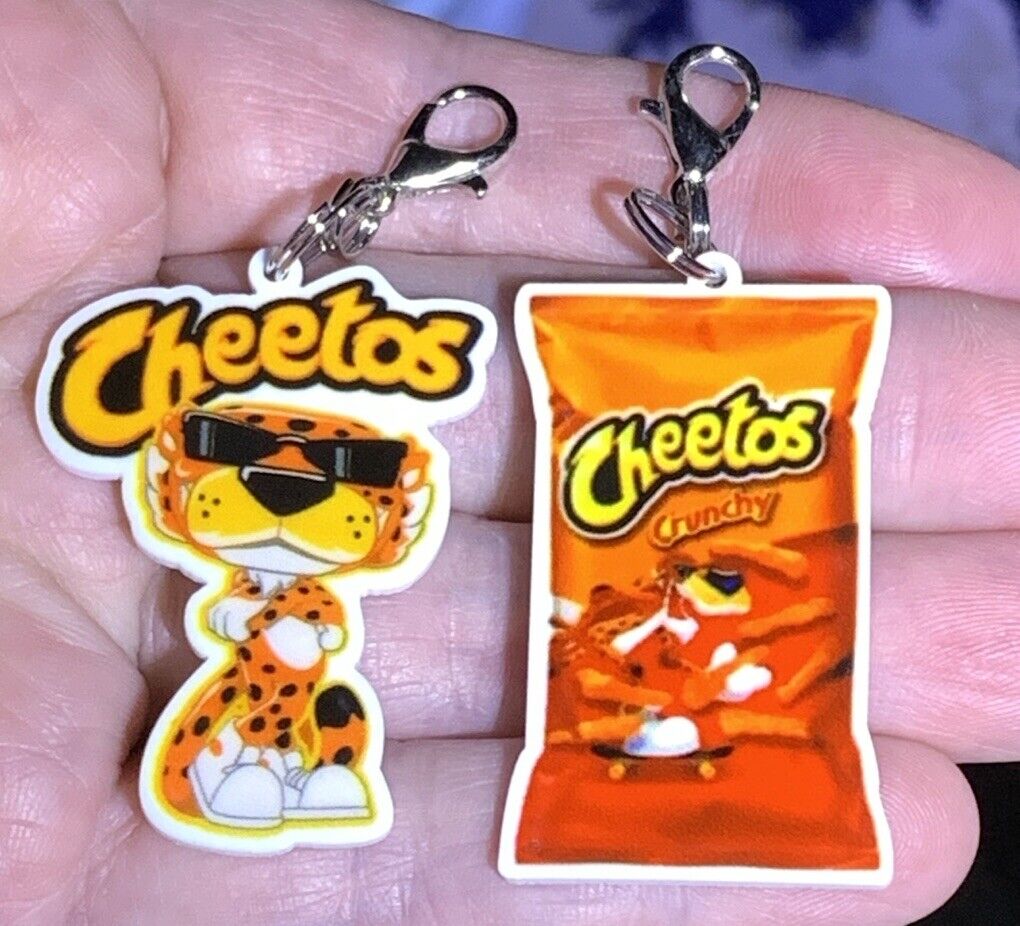 2 pc Acrylic Chester Cheetah & Cheetos Bag Zipper Pull & Keychain Add On Clips