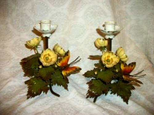 ITALIAN TOLE BUTTERFLY FLORAL CANDLE HOLDERS LAMP BASE 1930s ORIGINAL CHIPPY