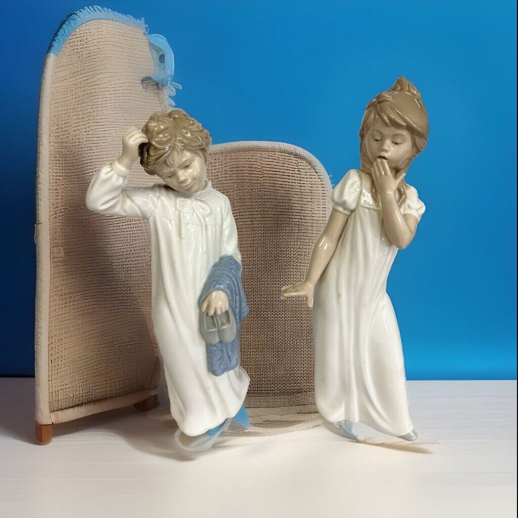Vintage Llardro Spain Ceramic Sleepy Boy & Girl Figurines In Nightgown • 11”