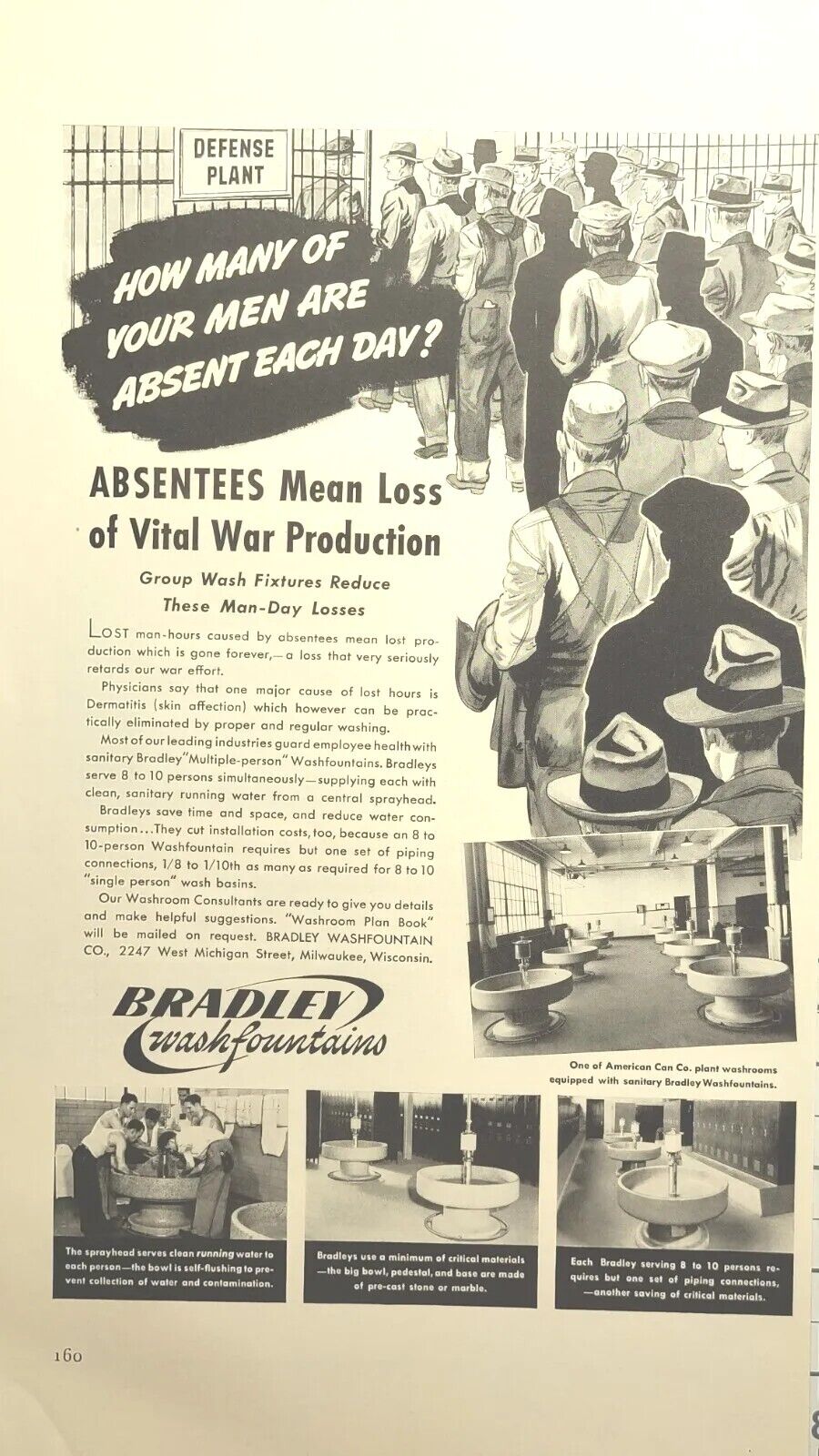 Bradley Washfountains Industrial Hygeine Defense Milwaukee Vintage Print Ad 1942