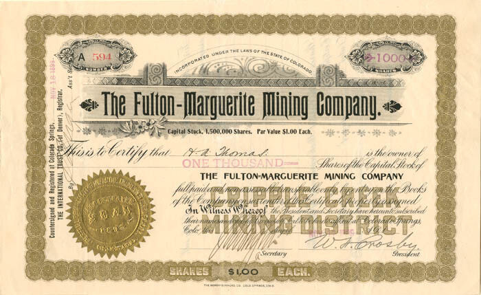 Fulton-Marguerite Mining Co. - Stock Certificate - Mining Stocks