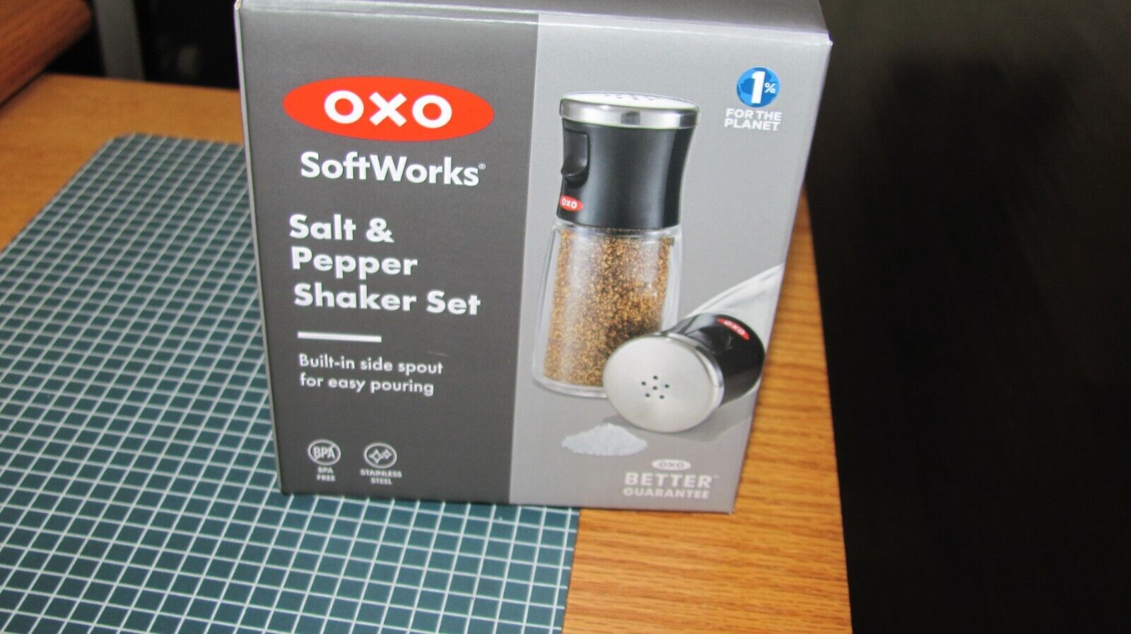 OXO Soft Works Salt and Pepper Shaker Set, Black  BUILT IN SPOUT- New