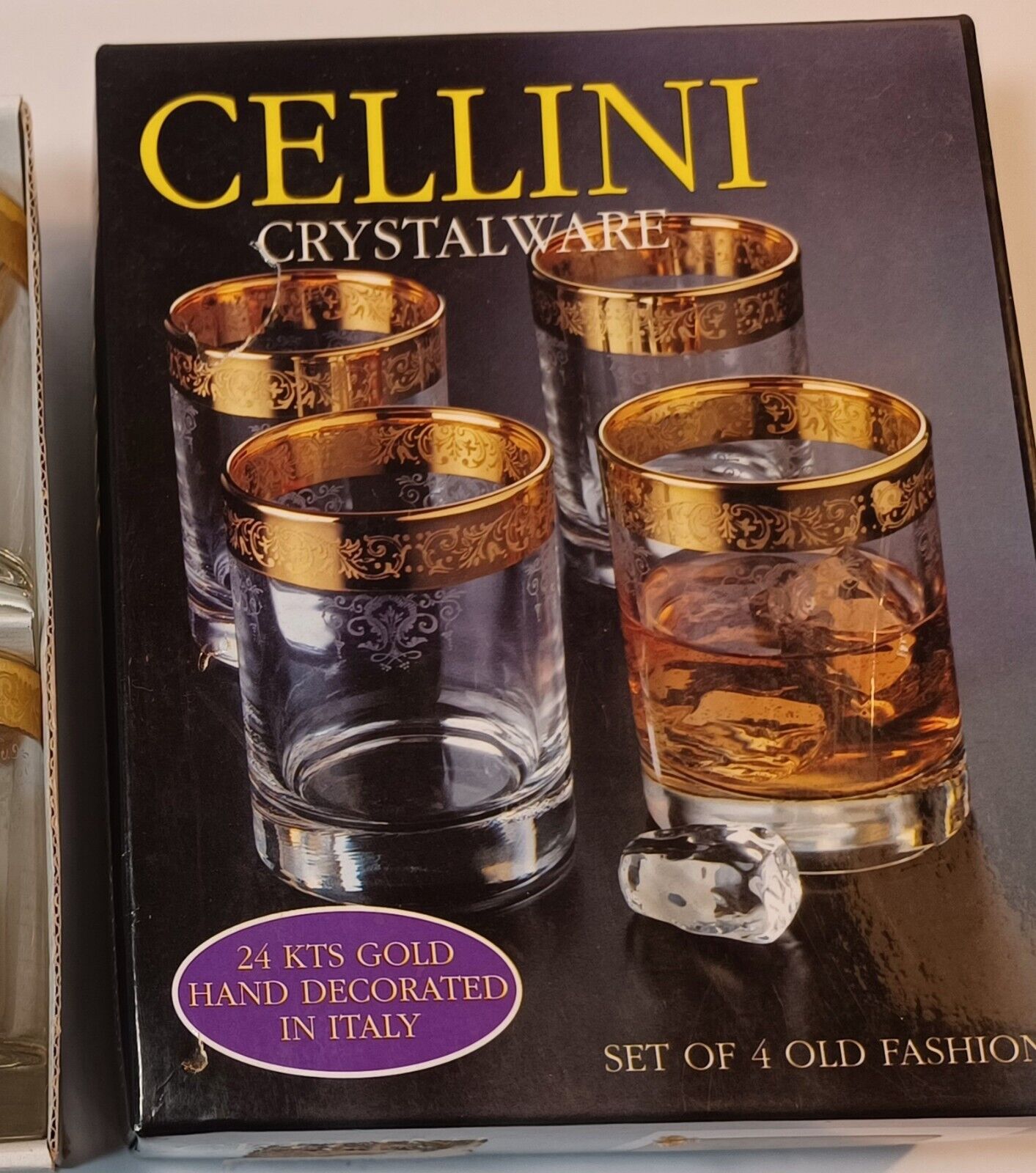 VTG Cellini Crystal 24kt Gold Hand Decorated Old Fashion Glasses Italy Godinger