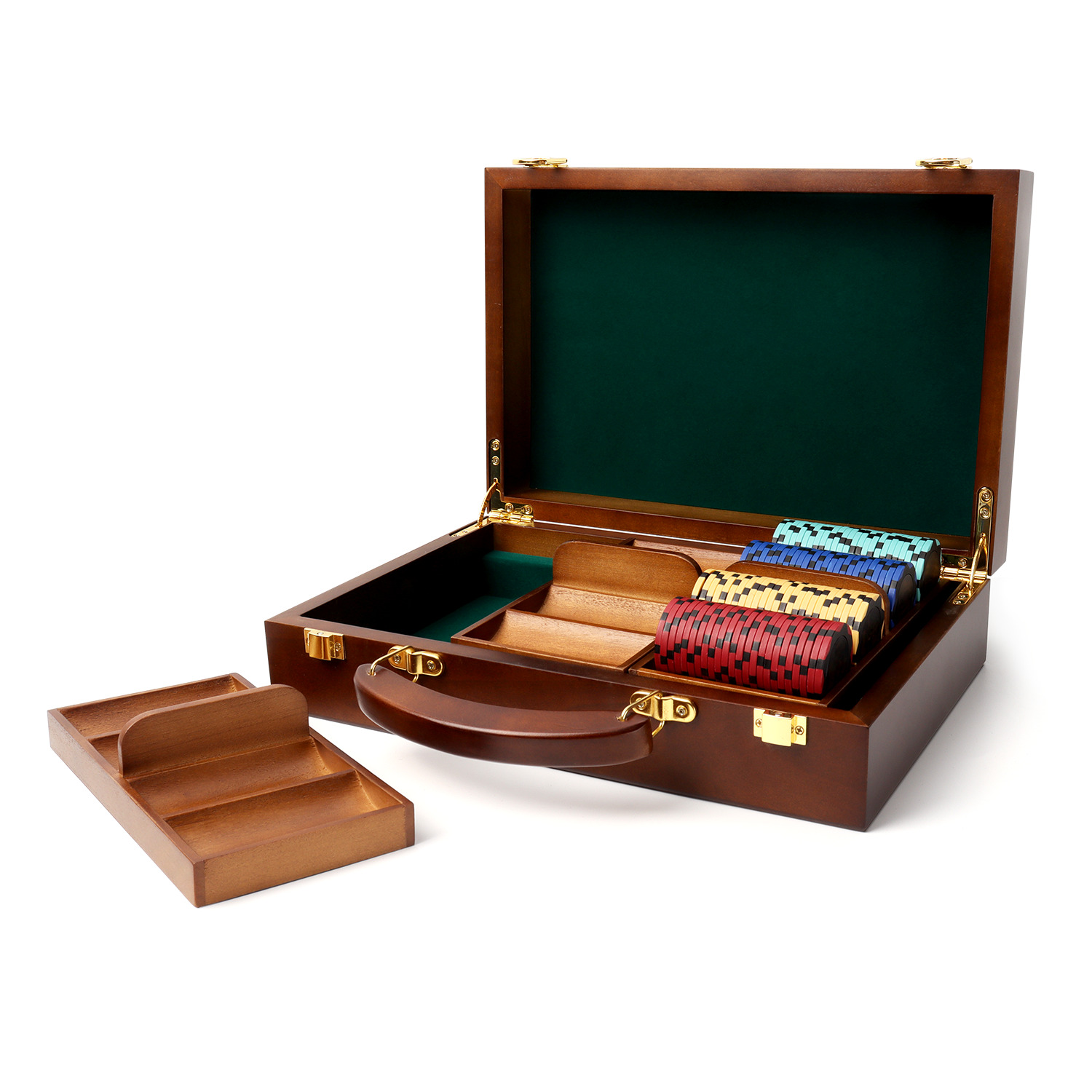 300 Count Walnut Solid Wood Casino Chip Case with Wooden Chip Trays