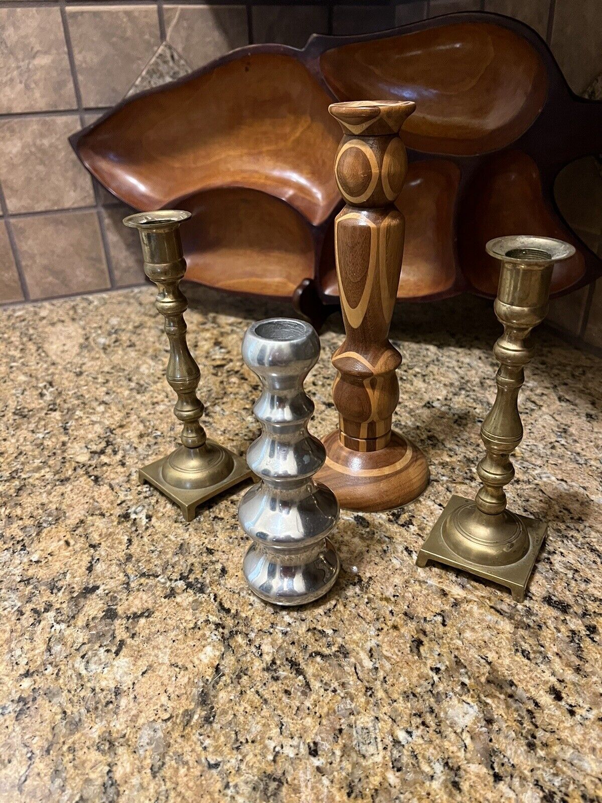 Set of 4 Cute Mix Candlesticks Holders brass, wood, pewter decor good condition