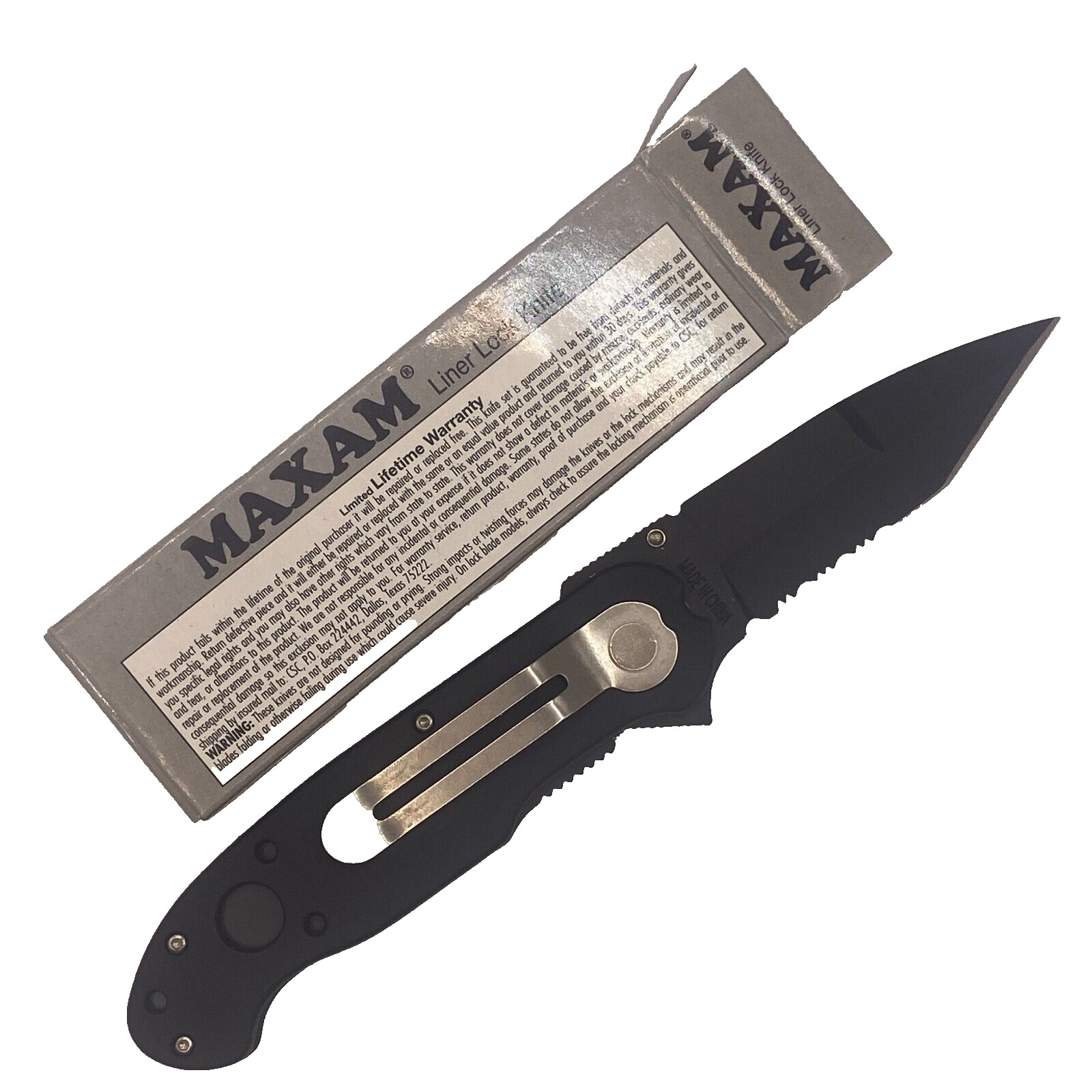 MAXAM SOLID BLACK LINER LOCK KNIFE FIRE FIGHTER WITH CLIP  1 each