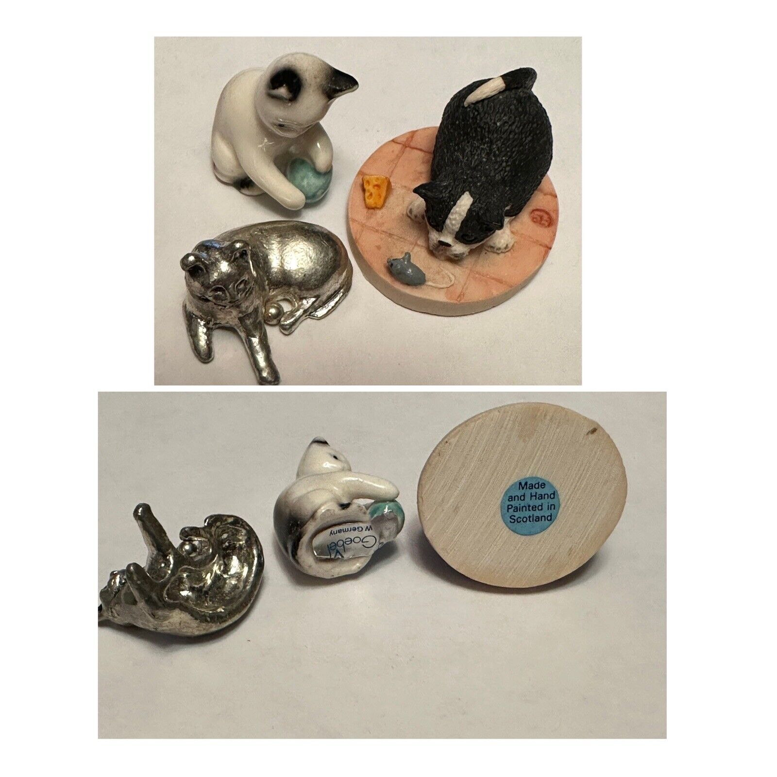3 VTG  Mini Cats / GOEBEL W GERMANY Porcelain / Metal Cat / Resin Cat Scotland