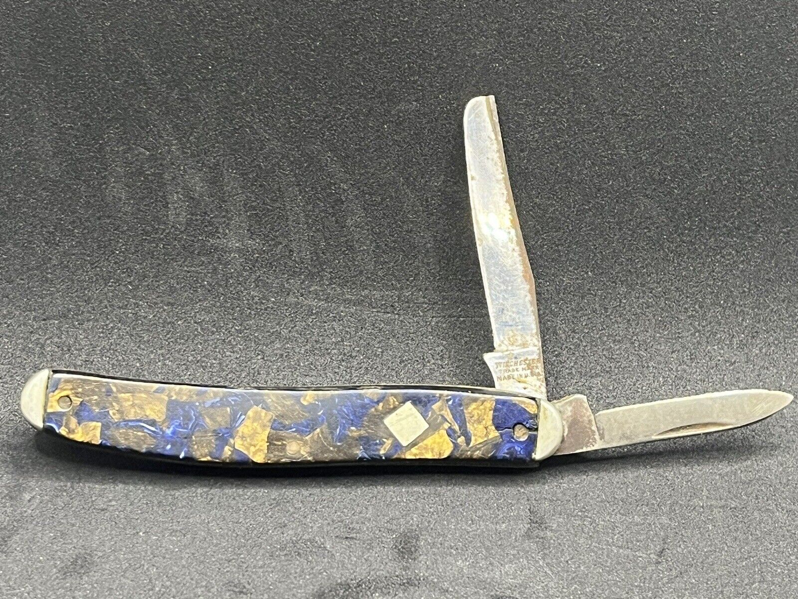 Vintage WINCHESTER Pocket Knife USA 2 Blade Blue BROWN Handle READ DESC Flawed