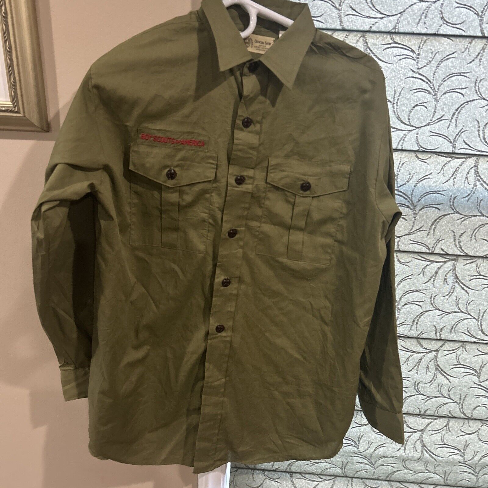 Vintage Olive Green BSA Boy Scout Long Sleeve uniform shirt  V59