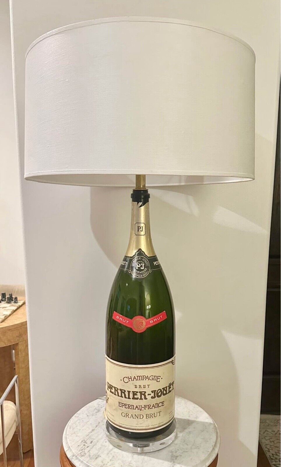Giant vintage Balthazar size Pierre Jouet champagne bottle lamp w/ acrylic base