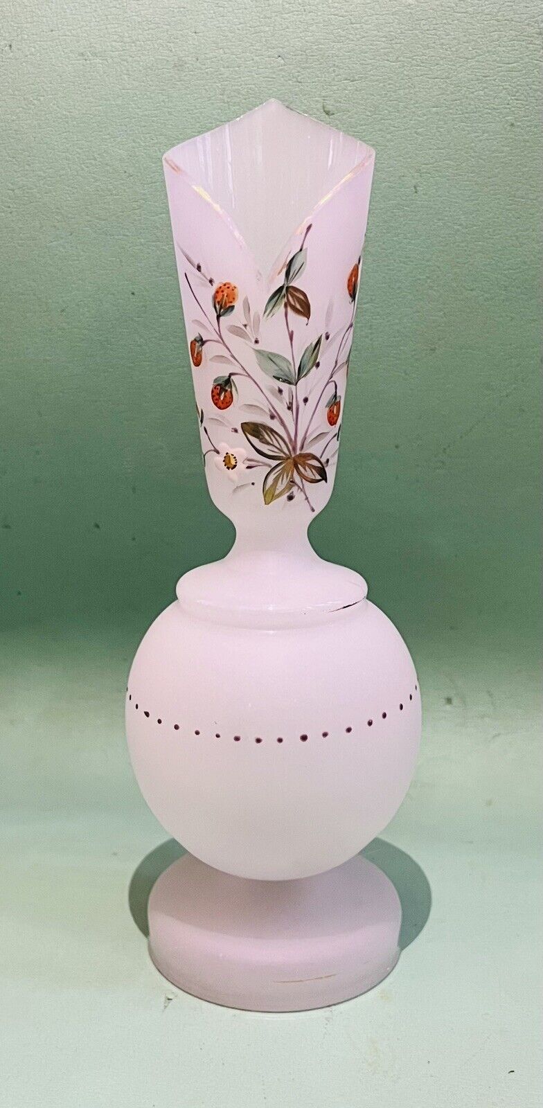 Antique Deco Bristol Glass Semiopaque Vase w Hanpainted Strawberry Design, 1930s