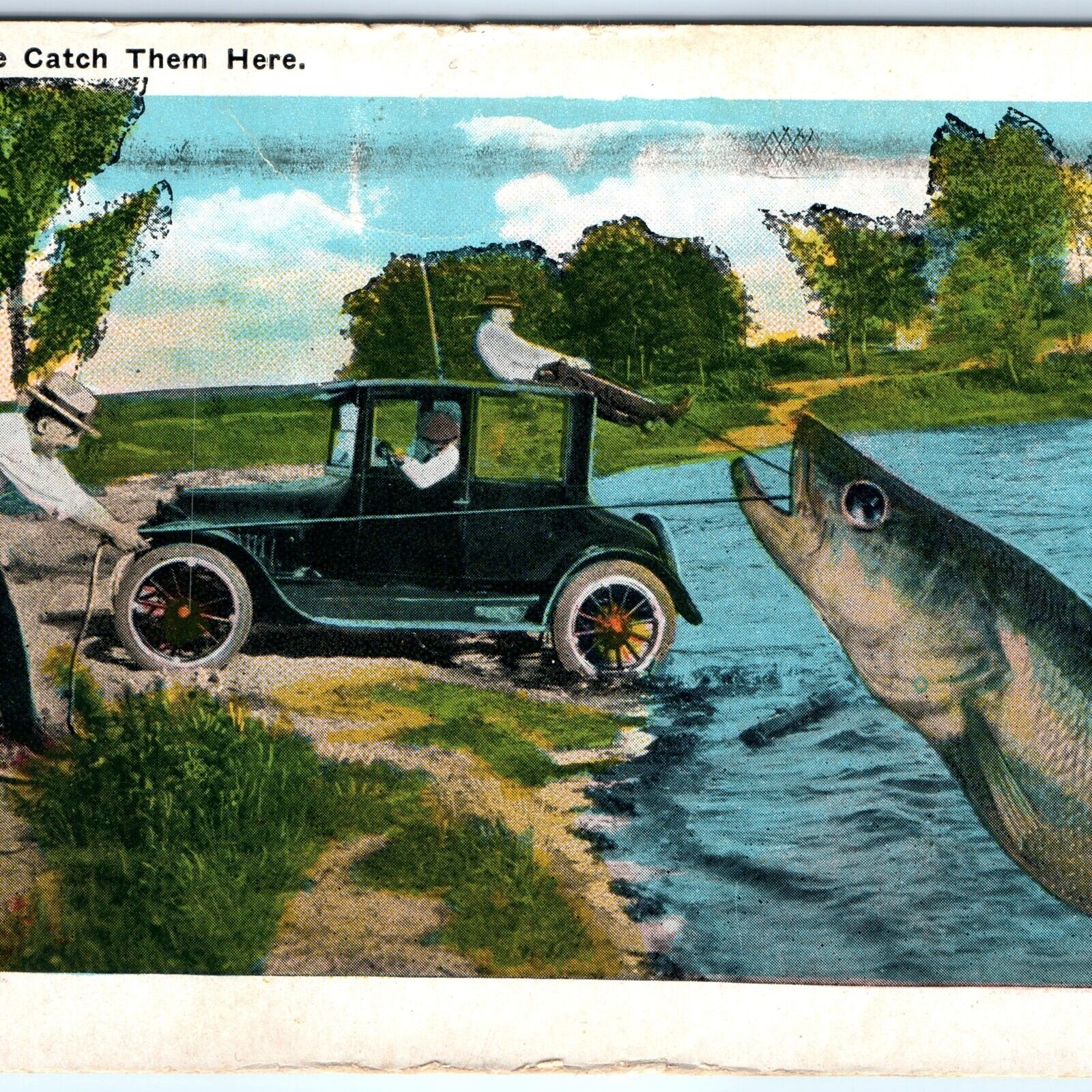 c1920s The Way We Catch Them Fish Here Early Rare Auto Touring Car Postcard A116