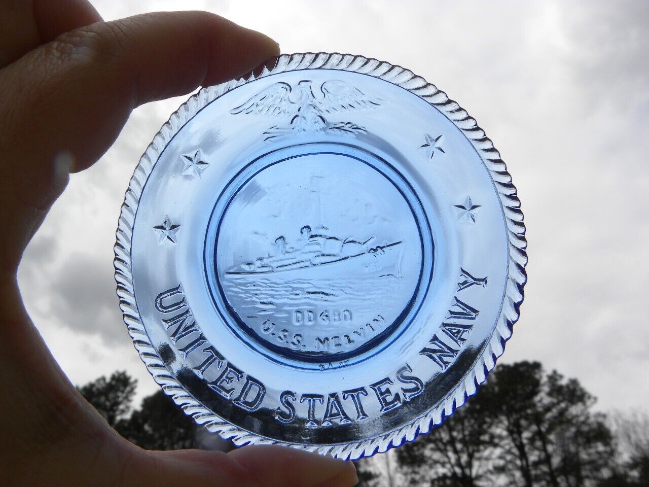 Millville Art Glass MAG United States Navy Coblt Blue Cup Plate USS Melvin Destr