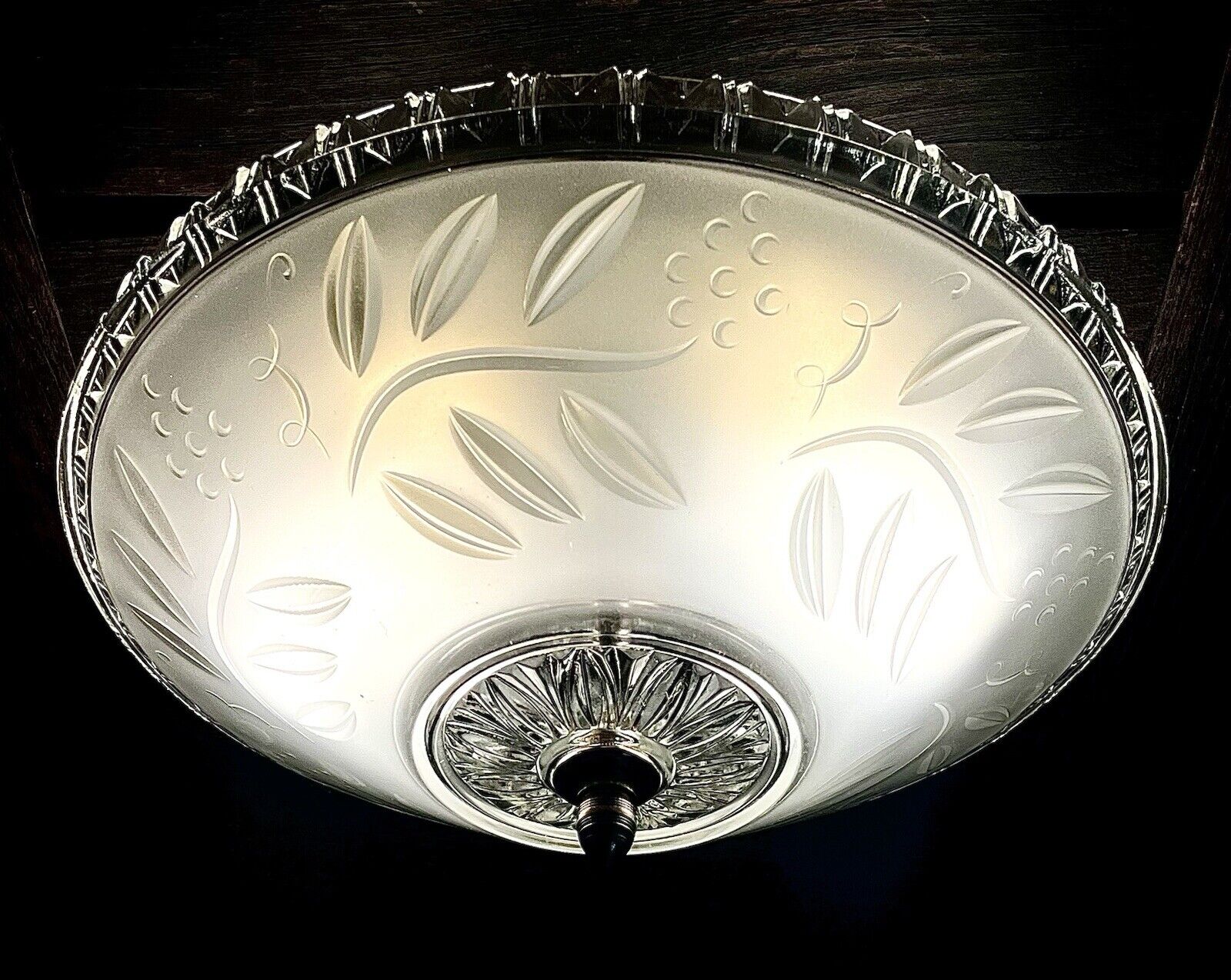 Vintage 1930’s-40’s Art Deco Nouveau Glass Semi-Flush Ceiling Light Fixture