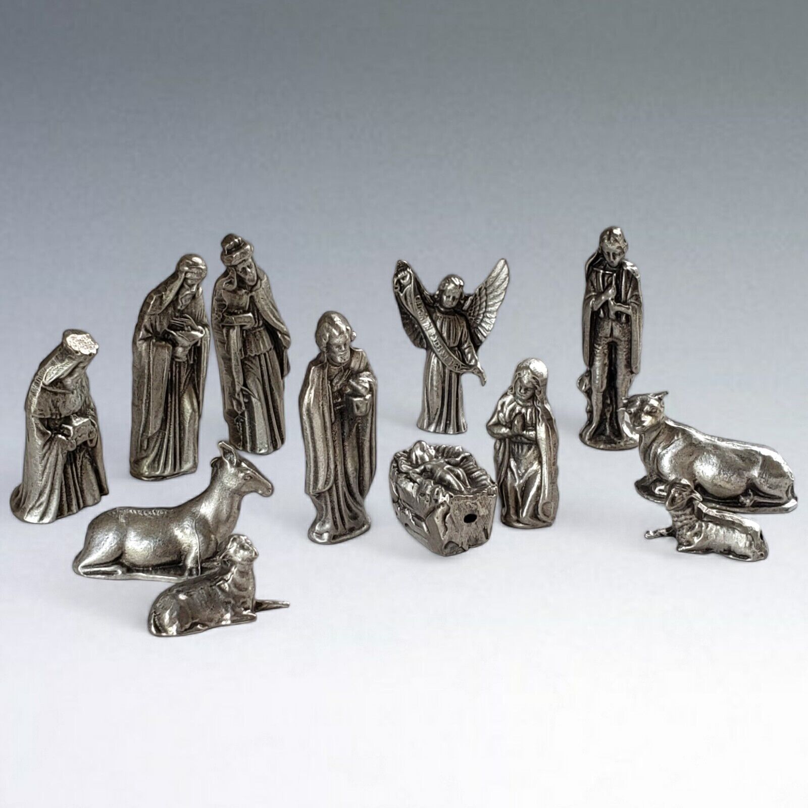 Vintage Miniature Nativity Silver Tone Metal 12 Piece Set