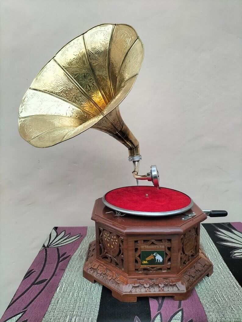 Vintage Charm Embodied: Handmade Embroidered HMV Gramophone Record Player Phone