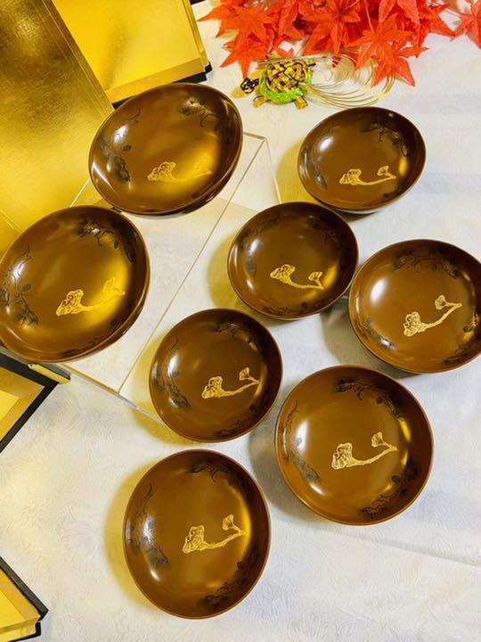lacquerware Wajima Lacquerware, Wooden Plate, Antique Gold Color, 8 Pieces, G10