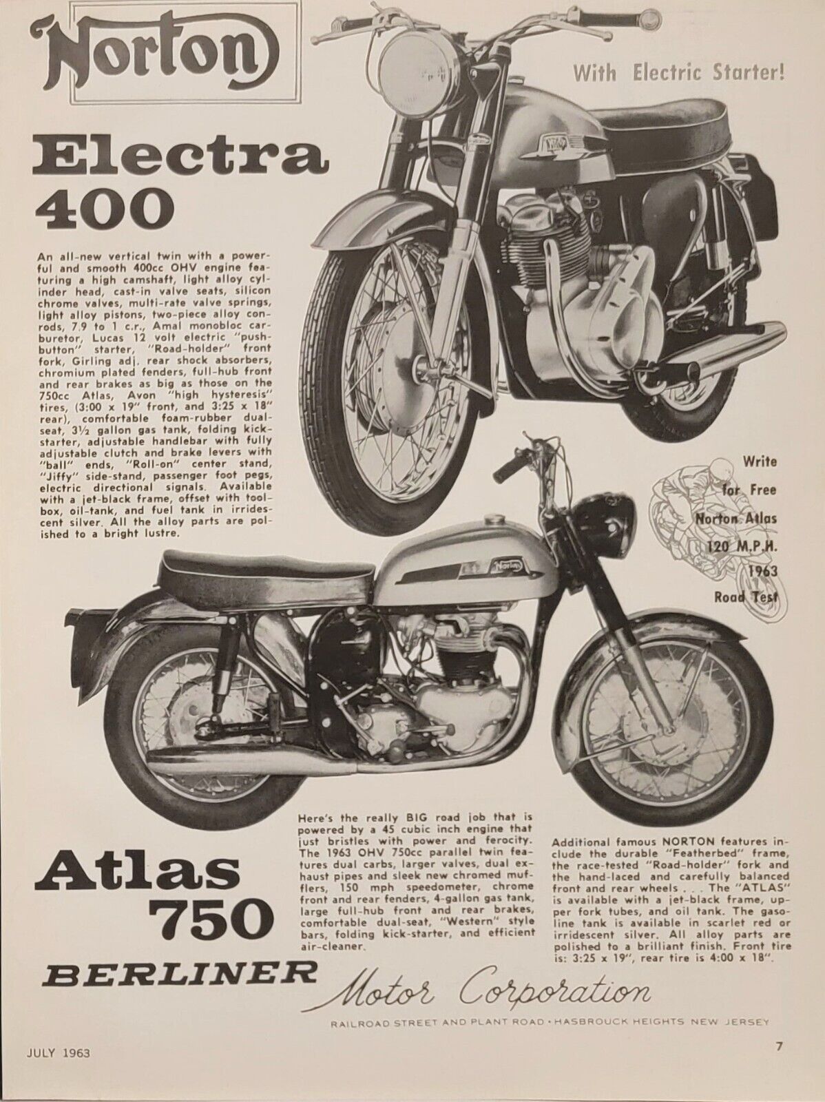 1963 Norton Electra 400 Atlas 750 Berliner Motorcycle Print Ad