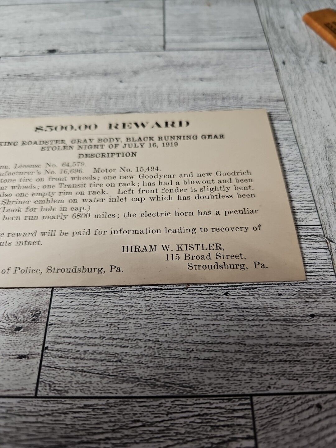 Antique Post Card Reward Stolen King Roadster 1919 Pennsylvania 
