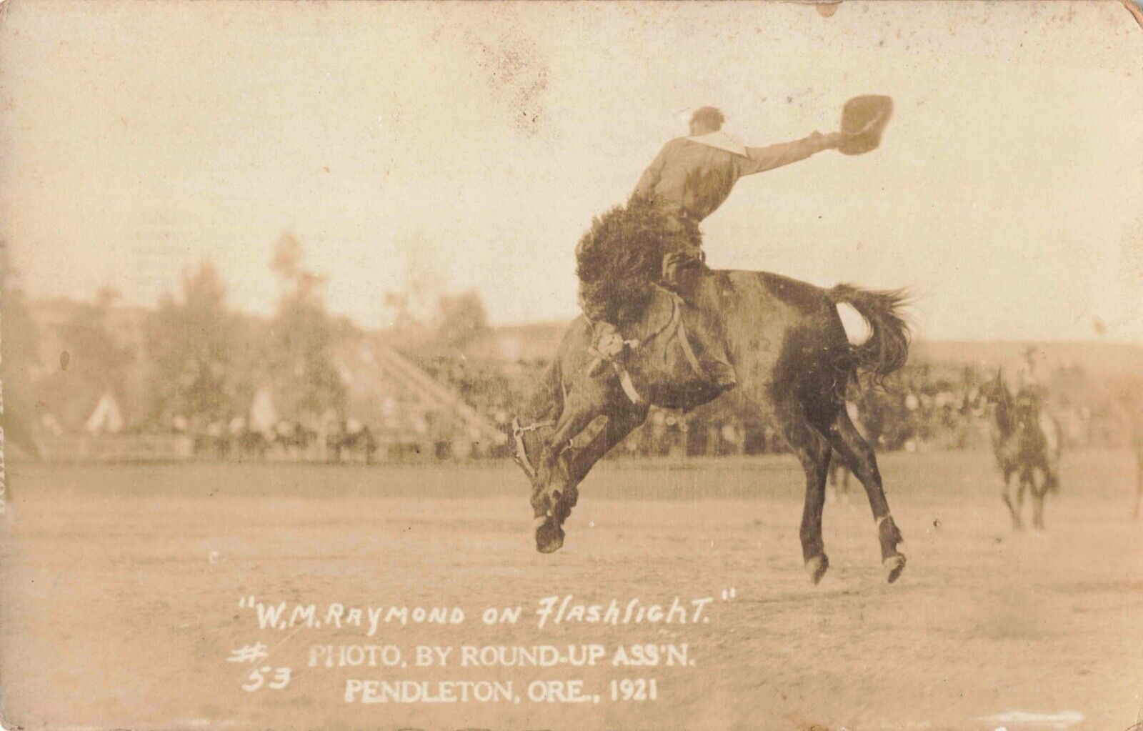 W.M. Raymond on Flashlight Rodeo Pendleton Oregon 1921 Real Photo RPPC